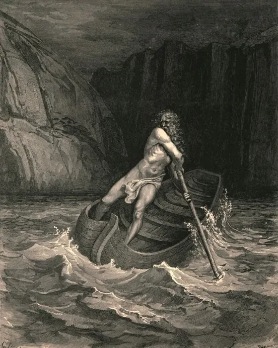 Framed Print : And, lo ! Towards us in a bark comes an old man, c1890. Creator: Gustave Doré Framed Print : And, lo ! Towards us in a bark comes an old man, c1890. Creator: Gustave Doré