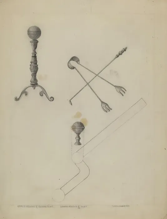 Framed Print : Andiron and Fireplace Set, 1935 / 1942. Creator: Ludmilla Calderon