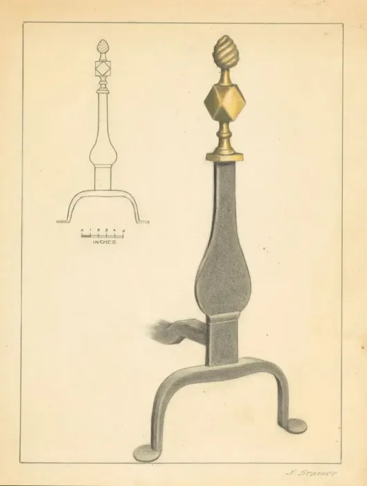 Framed Print : Andiron (one of pair), c. 1936. Creator: Jack Staloff Framed Print : Andiron (one of pair), c. 1936. Creator: Jack Staloff