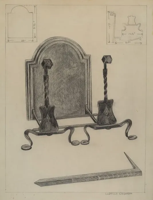 Framed Print : Andirons and Fireback, c. 1936. Creator: Ludmilla Calderon Framed Print : Andirons and Fireback, c. 1936. Creator: Ludmilla Calderon