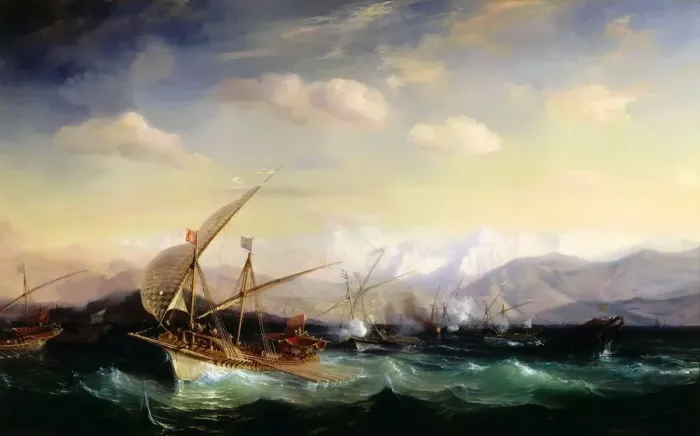 Framed Print : Andrea Doria dispersing the Spanish fleet ahead of the Var mouth in 1524. Artist: Gudin, Theodore (1802-1880) Framed Print : Andrea Doria dispersing the Spanish fleet ahead of the Var mouth in 1524. Artist: Gudin, Theodore (1802-1880)