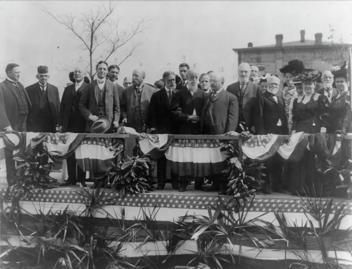 Framed Print : Andrew Carnegie and other dignitaries on the platform at the 25th anniversary of... Alabama, 1906. Creator: Frances Benjamin Johnston Framed Print : Andrew Carnegie and other dignitaries on the platform at the 25th anniversary of... Alabama, 1906. Creator: Frances Benjamin Johnston