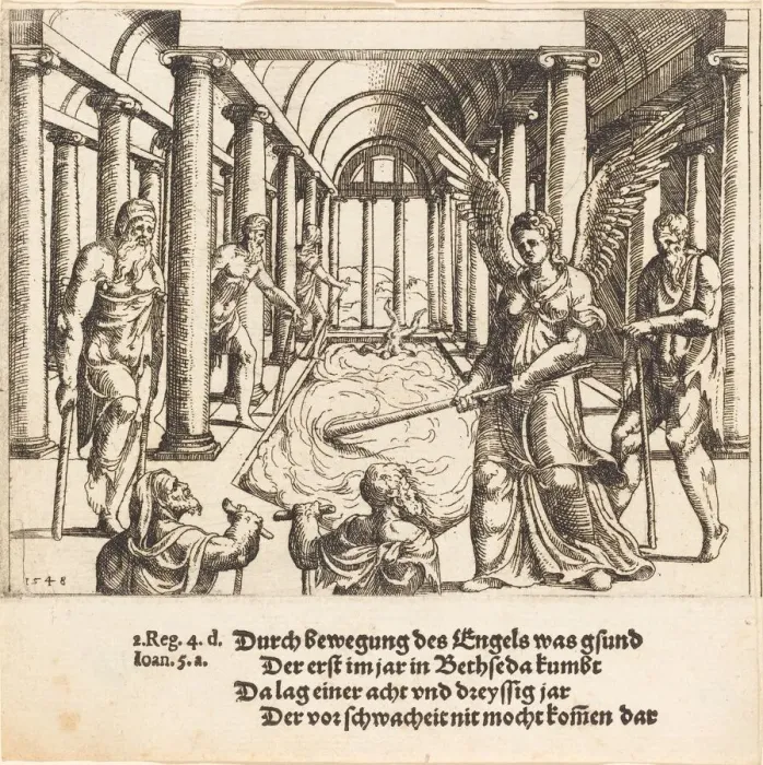 Framed Print : The Angel Agitating the Pool of Bethesda, 1548. Creator: Augustin Hirschvogel Framed Print : The Angel Agitating the Pool of Bethesda, 1548. Creator: Augustin Hirschvogel