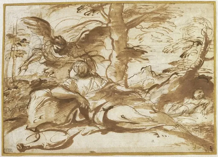 Framed Print : The Angel Appearing to Hagar in the Desert (recto), c. 1660. Creator: Pier Francesco Mola Framed Print : The Angel Appearing to Hagar in the Desert (recto), c. 1660. Creator: Pier Francesco Mola