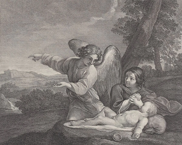The angel appearing to Hagar in the wilderness as she folds her hands next to the sleep
