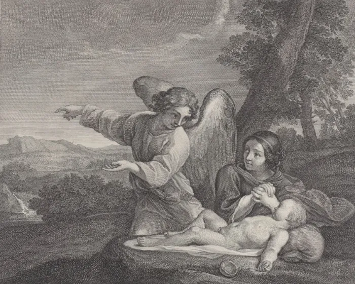 Framed Print : The angel appearing to Hagar in the wilderness as she folds her hands next to the sleep Framed Print : The angel appearing to Hagar in the wilderness as she folds her hands next to the sleep