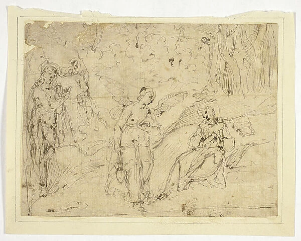 Angel Appearing to Saint Francis of Assisi, with Saint John the Baptist in the...(recto)... n.d. Creator: Unknown