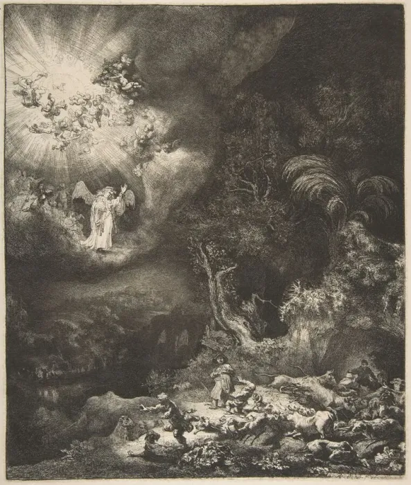 Framed Print : The Angel Appearing to the Shepherds, 1634. Creator: Rembrandt Harmensz van Rijn Framed Print : The Angel Appearing to the Shepherds, 1634. Creator: Rembrandt Harmensz van Rijn