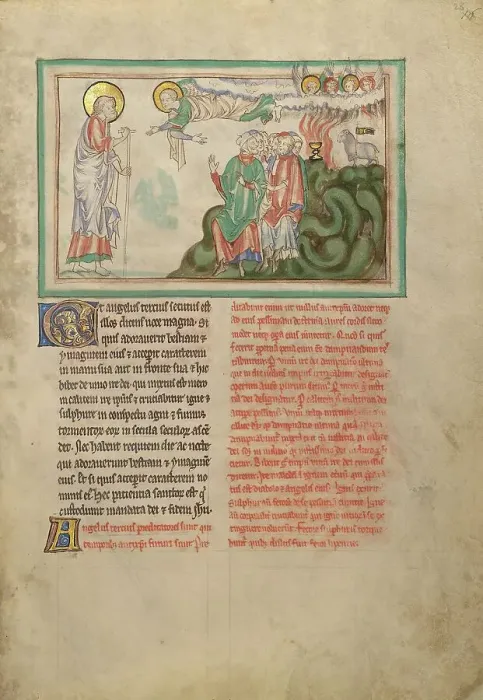 Framed Print : The Third Angel and the Ban to Adore the Beast; Dyson Perrins Apocalypse, about 1255-1260. Creator: Unknown Framed Print : The Third Angel and the Ban to Adore the Beast; Dyson Perrins Apocalypse, about 1255-1260. Creator: Unknown