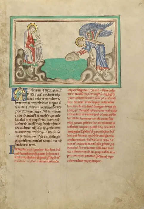 Framed Print : An Angel Casting a Millstone into the Sea; Dyson Perrins Apocalypse, about 1255-1260. Creator: Unknown Framed Print : An Angel Casting a Millstone into the Sea; Dyson Perrins Apocalypse, about 1255-1260. Creator: Unknown