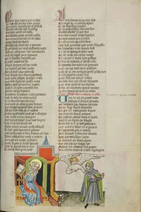 Framed Print : An Angel Confirming Mary's Faithfulness to Joseph; Weltchronik, about 1400-1410. Creator: Unknown Framed Print : An Angel Confirming Mary's Faithfulness to Joseph; Weltchronik, about 1400-1410. Creator: Unknown