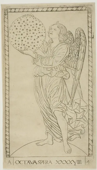 Framed Print : The Angel and the Eighth Sphere, plate 48 from Planets and Spheres, c.1465. Creator: Unknown Framed Print : The Angel and the Eighth Sphere, plate 48 from Planets and Spheres, c.1465. Creator: Unknown