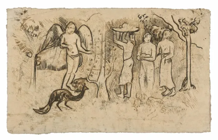 Framed Print : Angel, Peacock, and Three Tahitians, c. 1902. Creator: Paul Gauguin Framed Print : Angel, Peacock, and Three Tahitians, c. 1902. Creator: Paul Gauguin