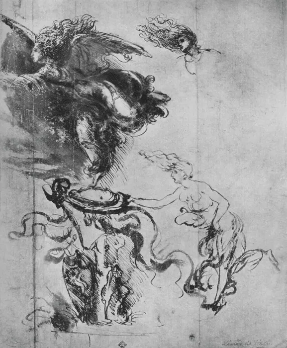 Framed Print : An Angel Placing a Shield on a Trophy and Separate Studies of the Angel, c1480 (1945). Artist: Leonardo da Vinci Framed Print : An Angel Placing a Shield on a Trophy and Separate Studies of the Angel, c1480 (1945). Artist: Leonardo da Vinci
