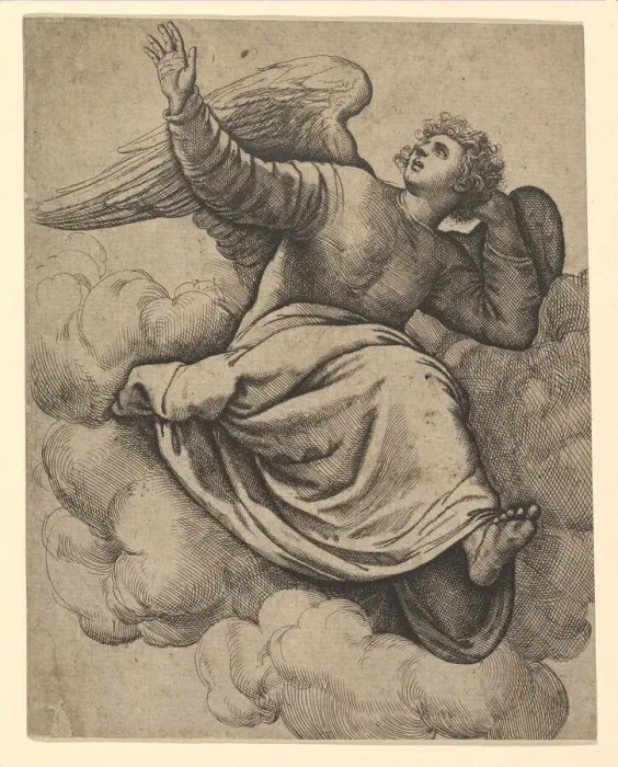 Framed Print : Angel Seated on a Cloud, ca. 1560. Creator: Battista Franco Veneziano Framed Print : Angel Seated on a Cloud, ca. 1560. Creator: Battista Franco Veneziano