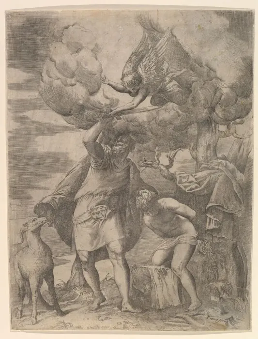Framed Print : The Angel Staying the Arm of Abraham, after 1552. Creator: Battista Franco Veneziano Framed Print : The Angel Staying the Arm of Abraham, after 1552. Creator: Battista Franco Veneziano