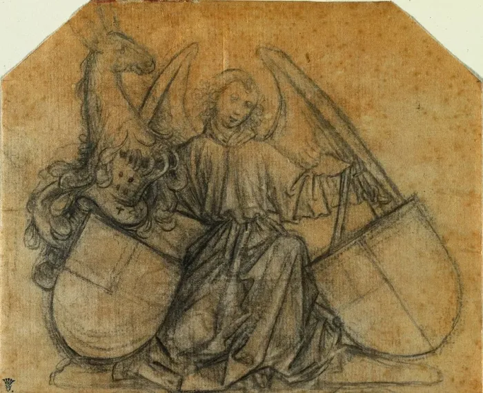 Framed Print : An Angel Supporting Two Escutcheons, c. 1470. Creator: Nikolaus Gerhaert von Leyden (German) Framed Print : An Angel Supporting Two Escutcheons, c. 1470. Creator: Nikolaus Gerhaert von Leyden (German)