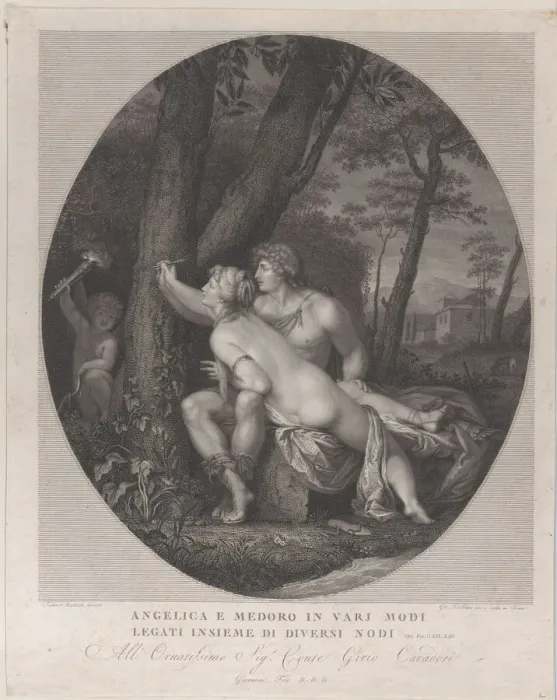 Framed Print : Angelica lying across the lap of Medoro and writes their names on a tree trunk, 1784-1836 Framed Print : Angelica lying across the lap of Medoro and writes their names on a tree trunk, 1784-1836