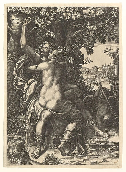 Angelica and Medoro; the couple embracing, Medoro carving their names in the bark of a
