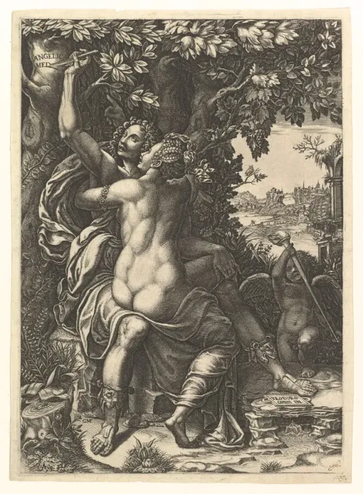 Framed Print : Angelica and Medoro; the couple embracing, Medoro carving their names in the bark of a Framed Print : Angelica and Medoro; the couple embracing, Medoro carving their names in the bark of a