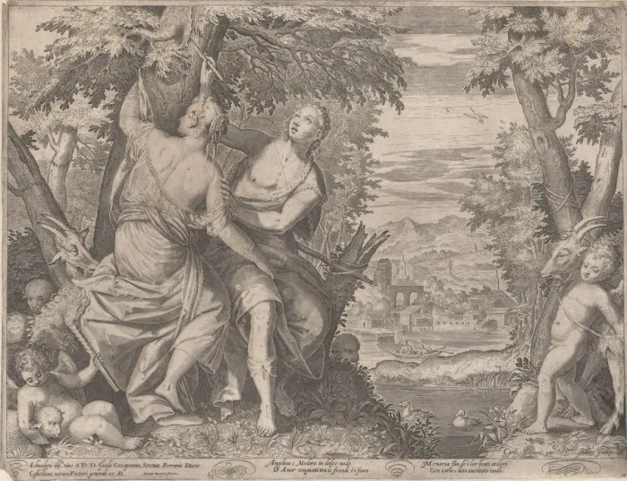 Framed Print : Angelica and Medoro; they stand next to a stream as Medoro carves their names into a tr Framed Print : Angelica and Medoro; they stand next to a stream as Medoro carves their names into a tr