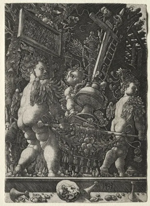 Framed Print : Angels Carrying the Emblems of the Passion, 1533. Creator: Master H. L. (German) Framed Print : Angels Carrying the Emblems of the Passion, 1533. Creator: Master H. L. (German)