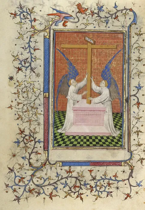 Framed Print : Two Angels Displaying the Cross; Book of Hours, about 1410. Creator: Unknown
