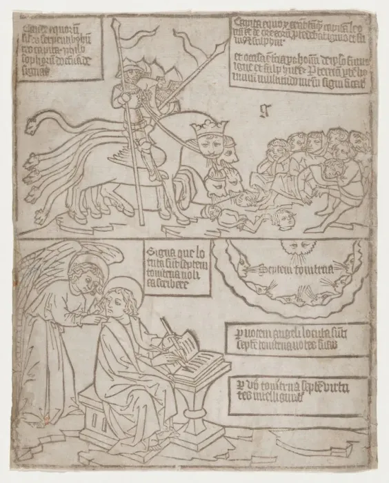 Framed Print : The Angels of the Euphrates Killing Mankind; and The Angel Preventing Saint John from... 1440-1450. Creator: Anon Framed Print : The Angels of the Euphrates Killing Mankind; and The Angel Preventing Saint John from... 1440-1450. Creator: Anon