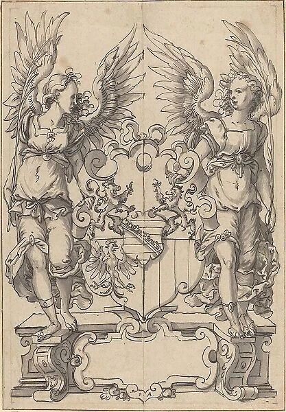 Two Angels Holding a Coat of Arms. Creator: Jost Ammon