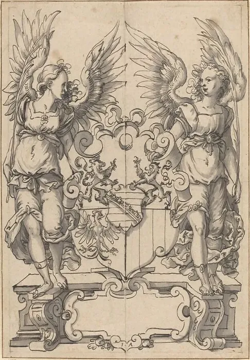 Framed Print : Two Angels Holding a Coat of Arms. Creator: Jost Ammon Framed Print : Two Angels Holding a Coat of Arms. Creator: Jost Ammon