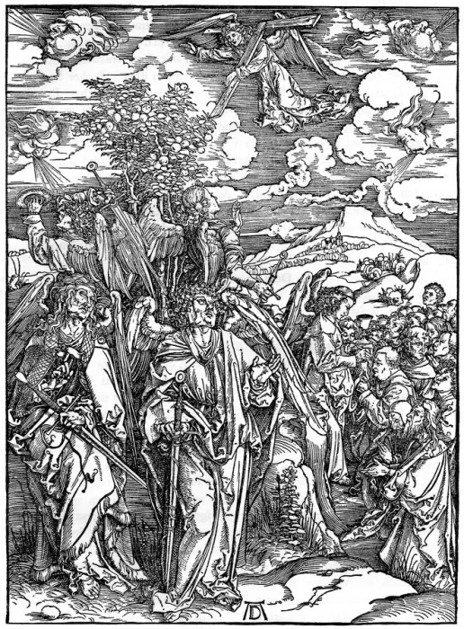 Framed Print : The Four Angels holding the winds, 1498, (1936). Artist: Albrecht Durer Framed Print : The Four Angels holding the winds, 1498, (1936). Artist: Albrecht Durer