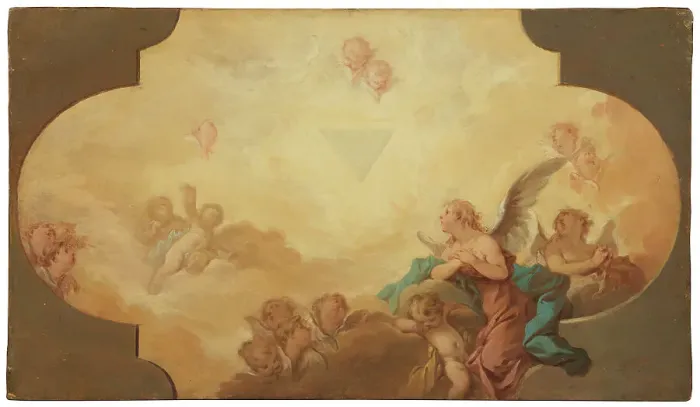 Framed Print : Angels Looking up at the Eye of God. Study, early-mid-18th century. Creator: Guillaume-Thomas Taraval Framed Print : Angels Looking up at the Eye of God. Study, early-mid-18th century. Creator: Guillaume-Thomas Taraval