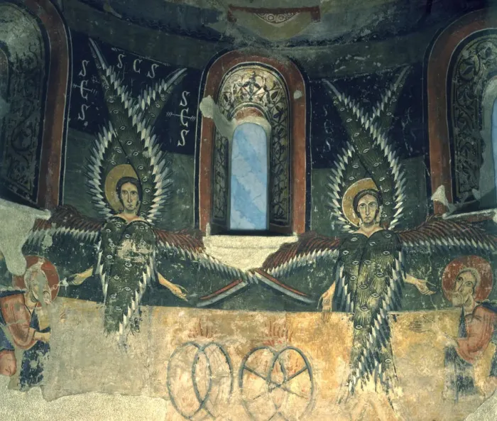 Framed Print : Detail of two angels of the mural in the apse of the church of Santa Maria d Aneu Framed Print : Detail of two angels of the mural in the apse of the church of Santa Maria d Aneu