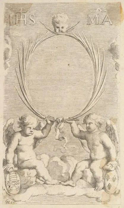 Framed Print : Two Angels Seated on Clouds. Creator: Claude Mellan