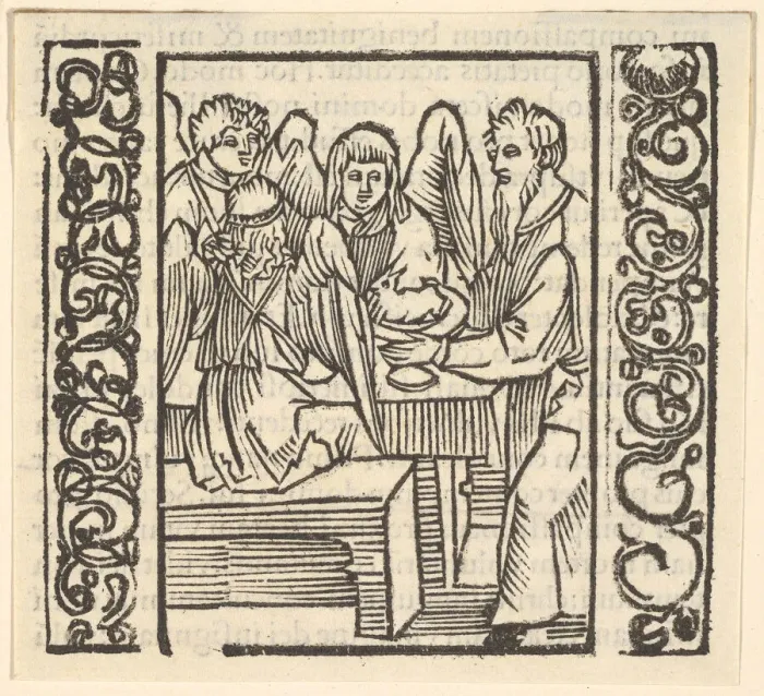 Framed Print : Angels Served at a Table, illustration from Speculum Passionis, 1507, 1507 Framed Print : Angels Served at a Table, illustration from Speculum Passionis, 1507, 1507