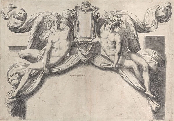 Two angels supporting a cartouche or shield, 1568-77. 1568-77