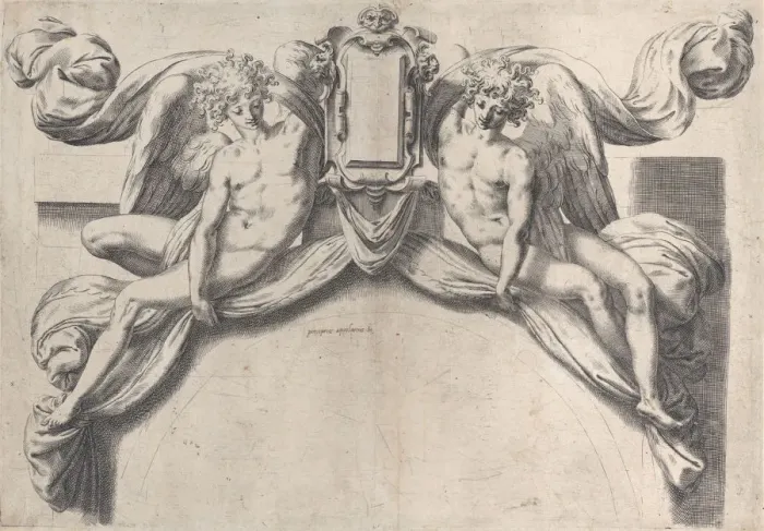 Framed Print : Two angels supporting a cartouche or shield, 1568-77. 1568-77 Framed Print : Two angels supporting a cartouche or shield, 1568-77. 1568-77