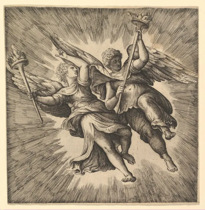 Framed Print : Two Angels or Winged Genii Carrying Torches. Creator: Battista Franco Veneziano Framed Print : Two Angels or Winged Genii Carrying Torches. Creator: Battista Franco Veneziano