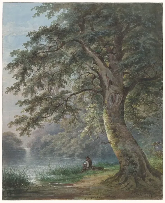 Framed Print : Angler under a large tree near a pond, 1882. Creator: Jan David Geerling Grootveld Framed Print : Angler under a large tree near a pond, 1882. Creator: Jan David Geerling Grootveld