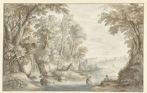 Two Anglers in a Wooded Landscape with a Waterfall, 1628. Creator: Maerten de Cock