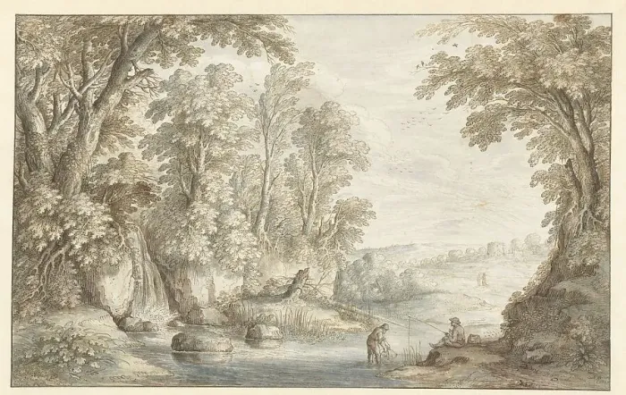 Framed Print : Two Anglers in a Wooded Landscape with a Waterfall, 1628. Creator: Maerten de Cock Framed Print : Two Anglers in a Wooded Landscape with a Waterfall, 1628. Creator: Maerten de Cock
