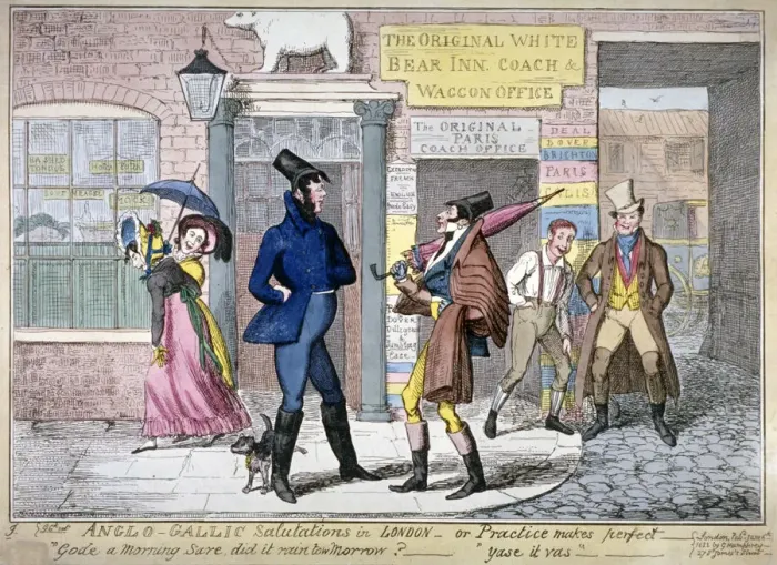 Framed Print : Anglo-Gallic salutations in London, or, practice makes perfect, 1822. Artist Framed Print : Anglo-Gallic salutations in London, or, practice makes perfect, 1822. Artist