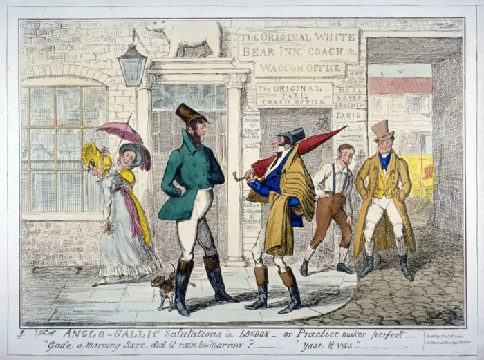 Framed Print : Anglo-Gallic salutations in London - or Practice makes perfect -, 1835. Artist Framed Print : Anglo-Gallic salutations in London - or Practice makes perfect -, 1835. Artist