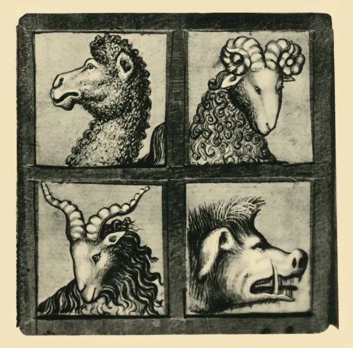 Framed Print : Animal heads, early 15th century, (1943). Creator: Unknown Framed Print : Animal heads, early 15th century, (1943). Creator: Unknown
