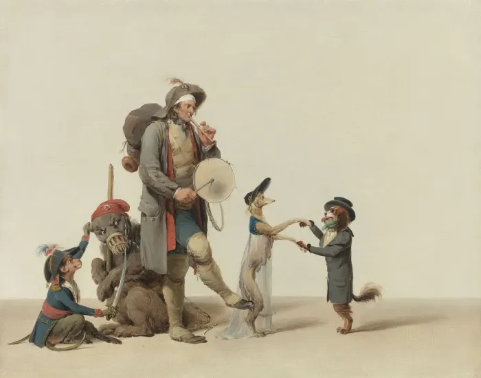 Framed Print : An Animal Trainer With Dancing Dogs, a Bear And Monkey Framed Print : An Animal Trainer With Dancing Dogs, a Bear And Monkey