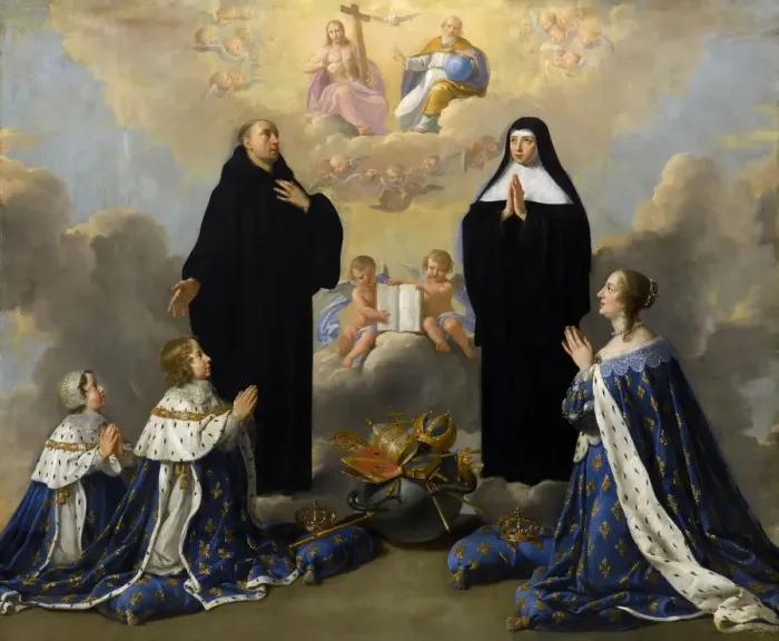 Framed Print : Anna of Austria with her children, praying to the Holy Trinity with Saints Benedict and Scholastica. Artist: Champaigne, Philippe, de (1602-1674) Framed Print : Anna of Austria with her children, praying to the Holy Trinity with Saints Benedict and Scholastica. Artist: Champaigne, Philippe, de (1602-1674)