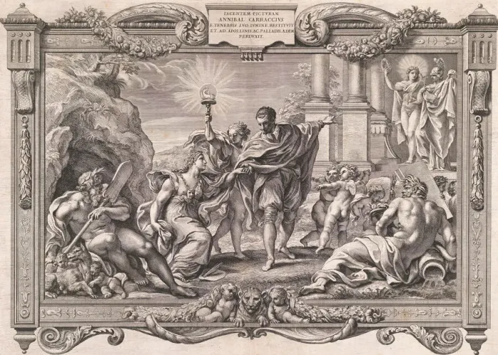 Framed Print : Annibale Carracci Introduces Painting to Apollo and Minerva, 1674. Creator: Pietro Aquila Framed Print : Annibale Carracci Introduces Painting to Apollo and Minerva, 1674. Creator: Pietro Aquila