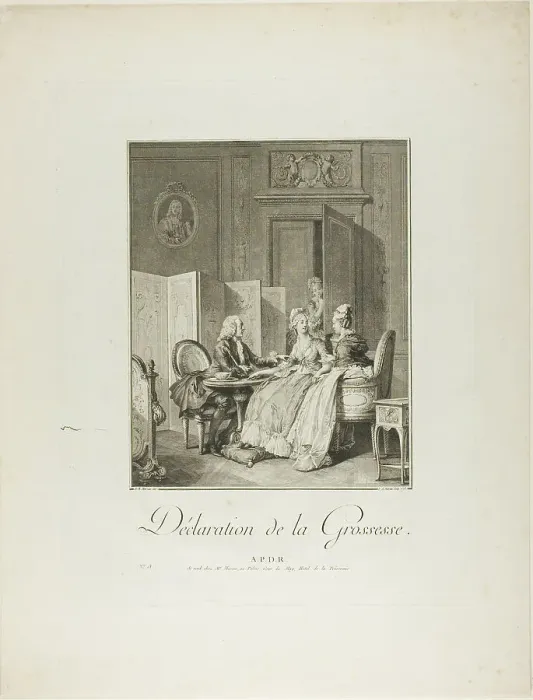 Framed Print : Announcement of Pregnancy, from Monument du Costume Physique et Moral de la fin... 1776. Creators: Pietro Antonio Martini, Laurent-François Prault Framed Print : Announcement of Pregnancy, from Monument du Costume Physique et Moral de la fin... 1776. Creators: Pietro Antonio Martini, Laurent-François Prault