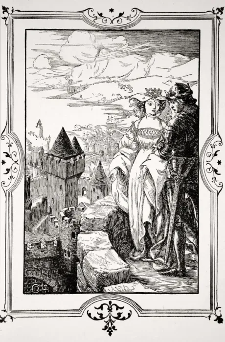 Framed Print : Annoure brought the King out upon the battlements, 1905. Artist: Dora Curtis Framed Print : Annoure brought the King out upon the battlements, 1905. Artist: Dora Curtis