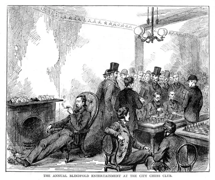 Framed Print : The annual blindfold entertainment at the city chess club, 1876 Framed Print : The annual blindfold entertainment at the city chess club, 1876